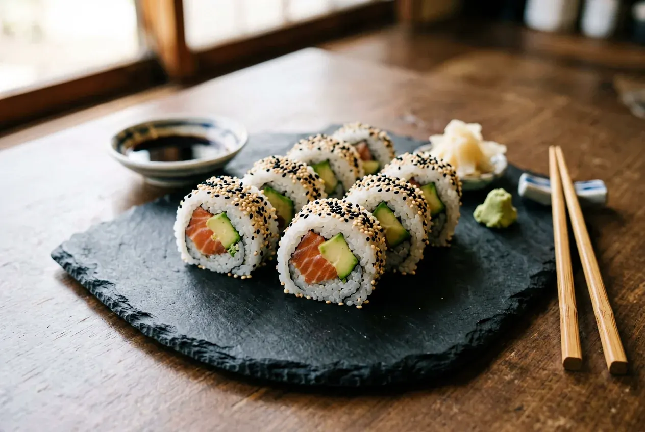 Канада с лососем и огурцом на тёмной деревянной доске, вид сверху