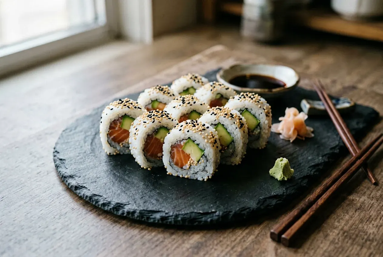 Аляска с тунцом и сыром на тёмной деревянной доске, вид сверху