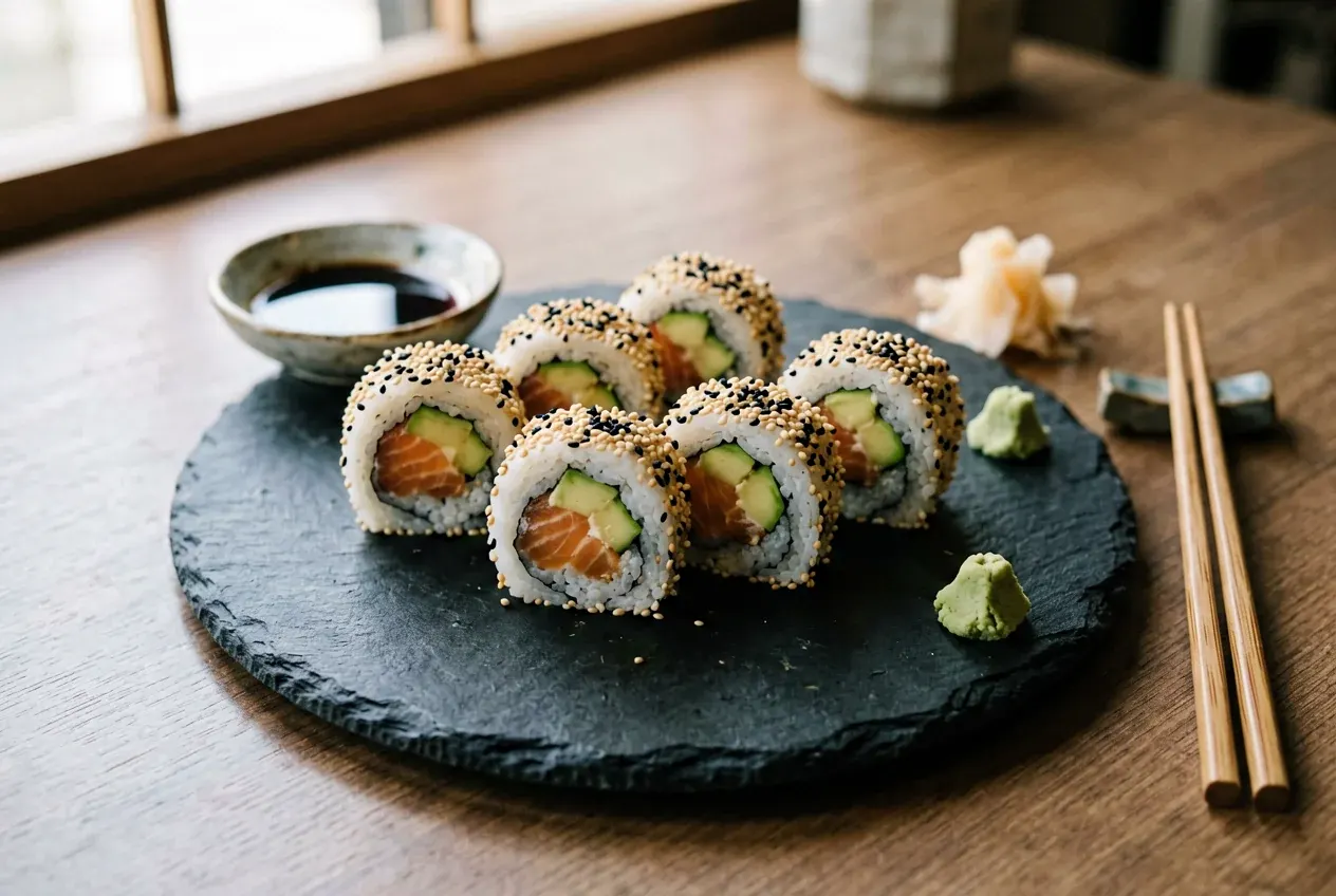 Чёрный дракон с угрём и кунжутом на тёмной деревянной доске, вид сверху