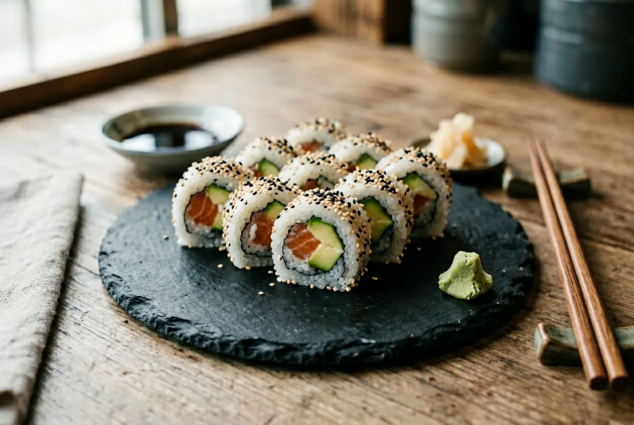 Калифорния с тунцом и кунжутом на тёмной деревянной доске, вид сверху