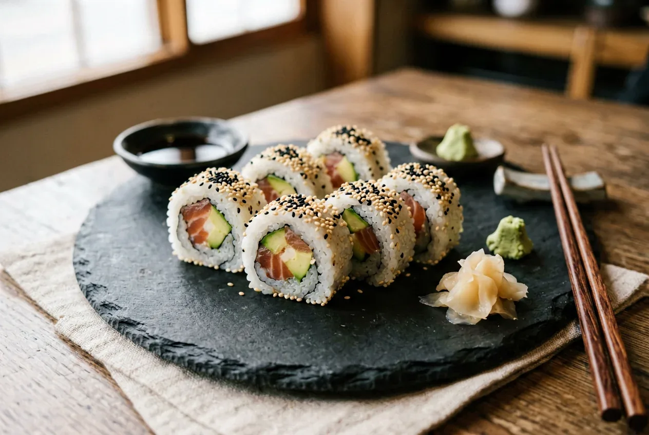 Кимура-маки с тунцом и укропом на тёмной деревянной доске, вид сверху