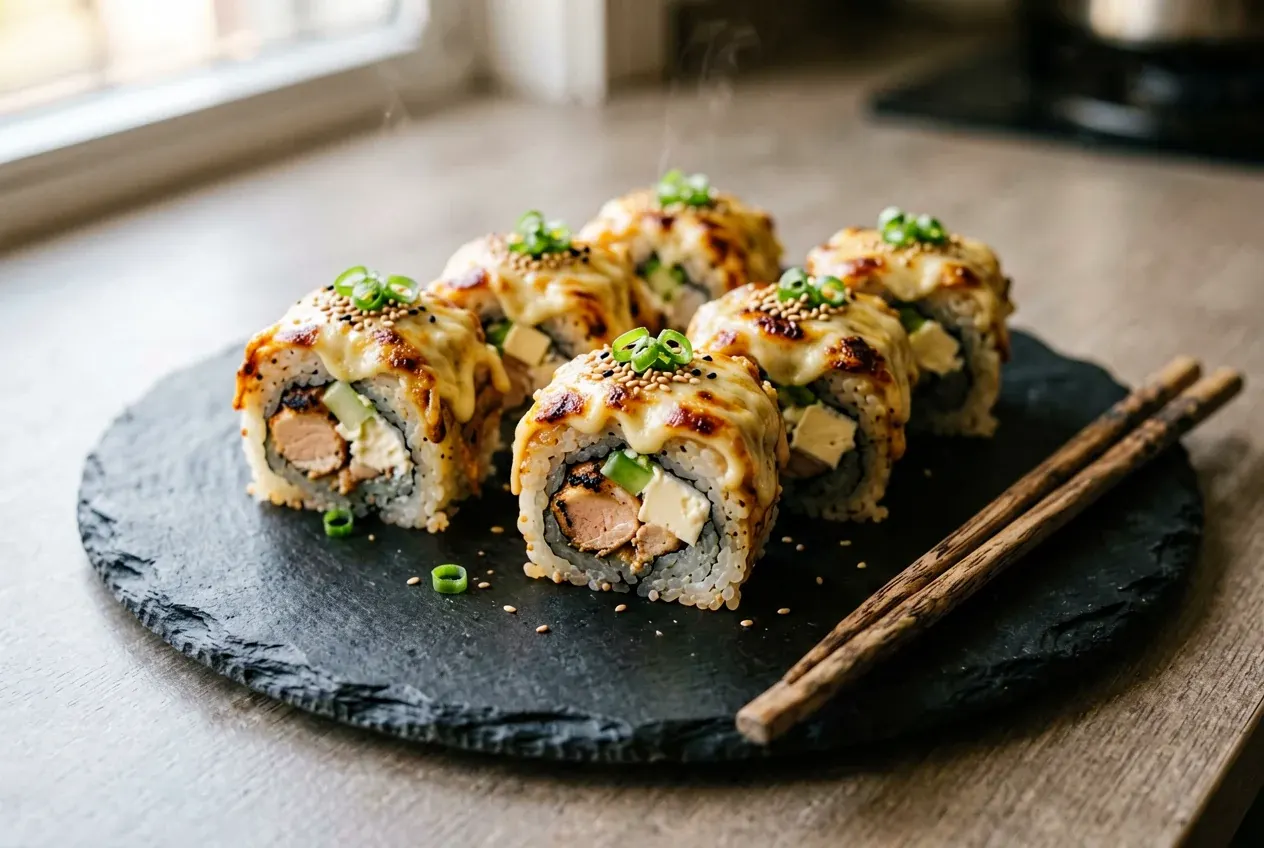 Запечённый с курицей и сыром на тёмной деревянной доске, вид сверху