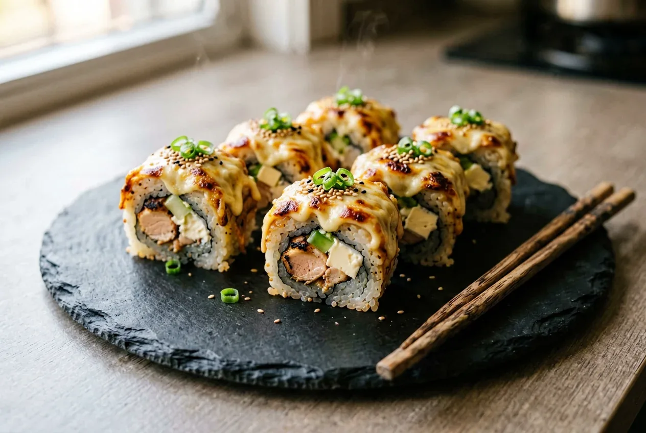 Запечённый с курицей и сыром крупным планом на сланцевой тарелке