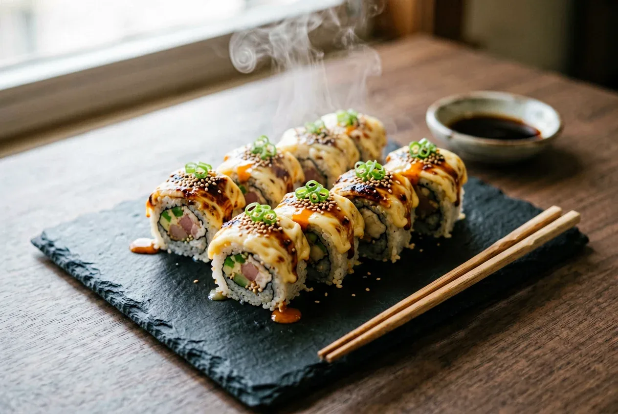 Запечённый Аляска под сырной корочкой на тёмной деревянной доске, вид сверху