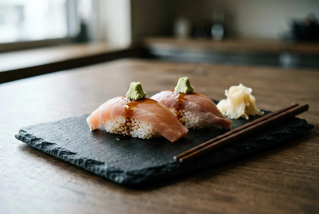 Нигири с икрой тобико гункан на тёмной деревянной доске, вид сверху