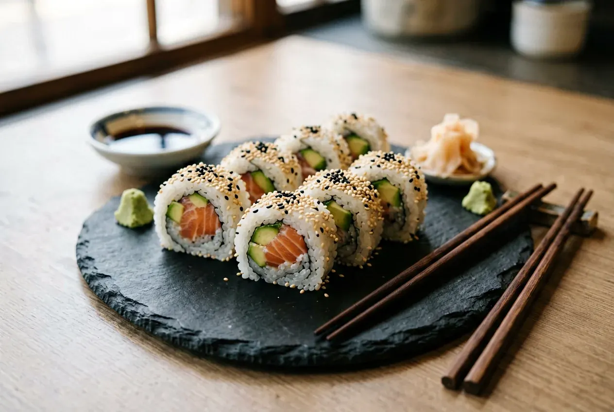 Красный дракон с тунцом на тёмной деревянной доске, вид сверху