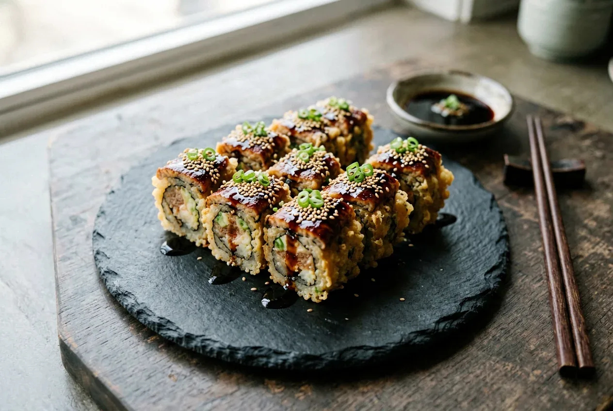 Темпура с тигровой креветкой и икрой на тёмной деревянной доске, вид сверху