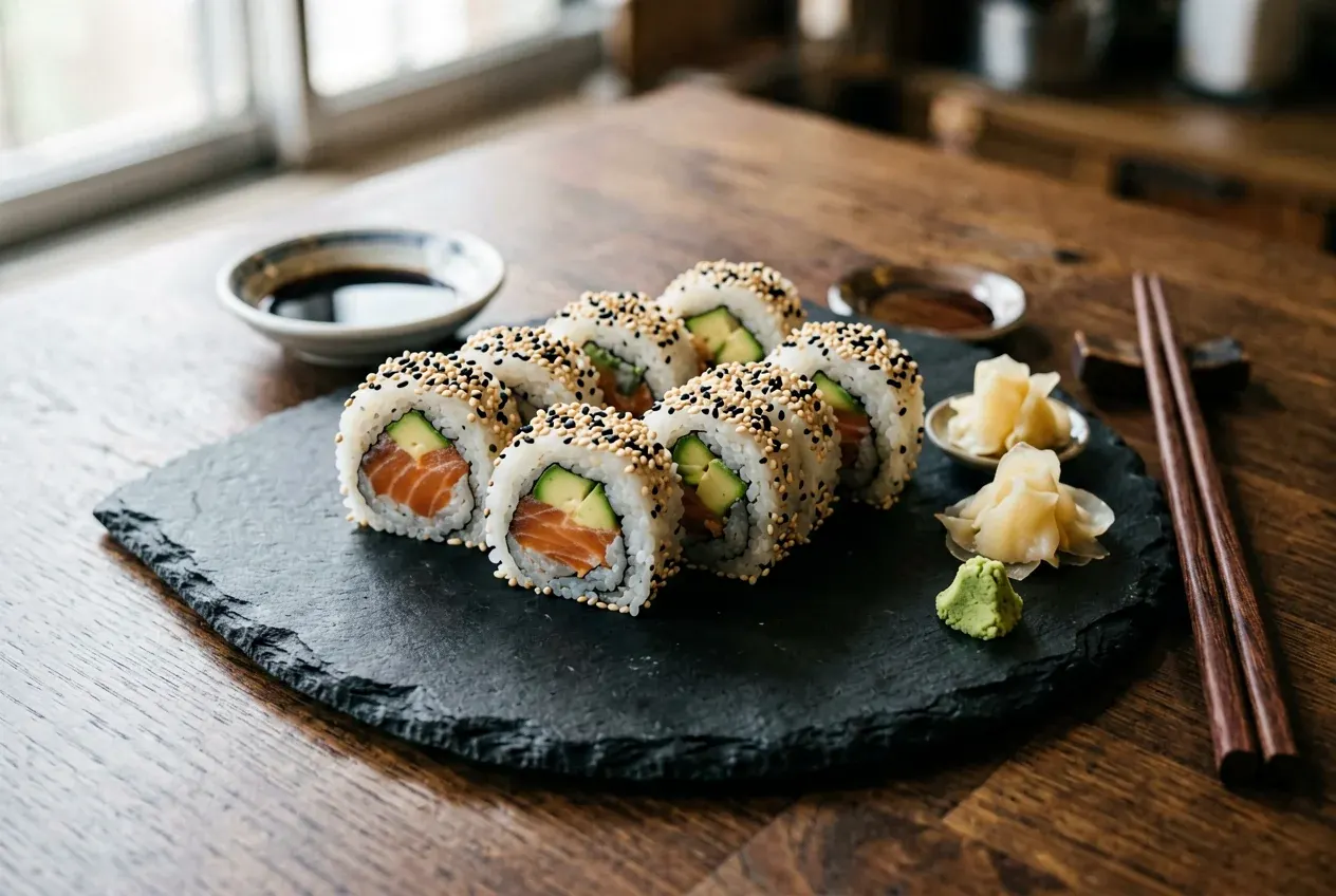 Филадельфия классическая с огурцом на тёмной деревянной доске, вид сверху