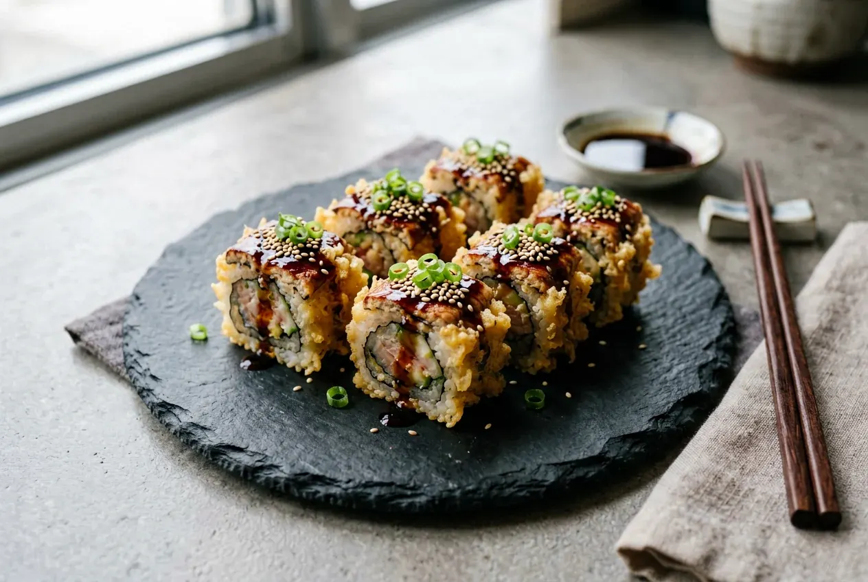 Темпура микс с тремя видами рыбы на тёмной деревянной доске, вид сверху