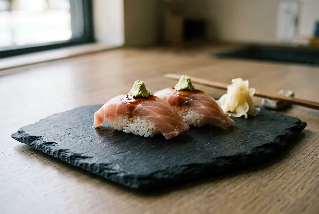 Нигири со спайси-тунцом гункан на тёмной деревянной доске, вид сверху