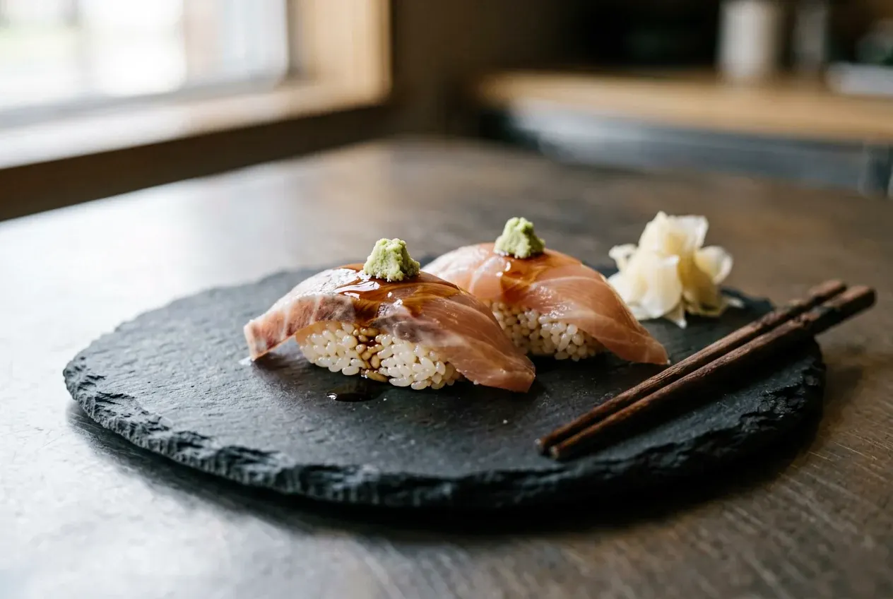 Нигири с обжаренным тунцом (абури) на тёмной деревянной доске, вид сверху