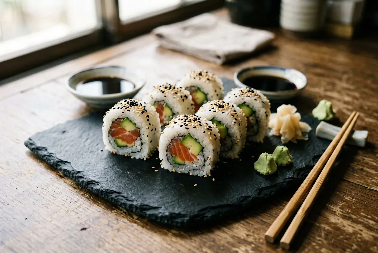 Филадельфия с креветкой на тёмной деревянной доске, вид сверху