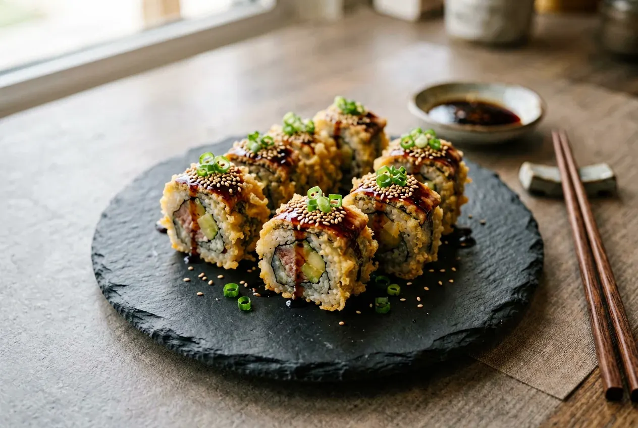 Темпура с лососем и сливочным сыром на тёмной деревянной доске, вид сверху