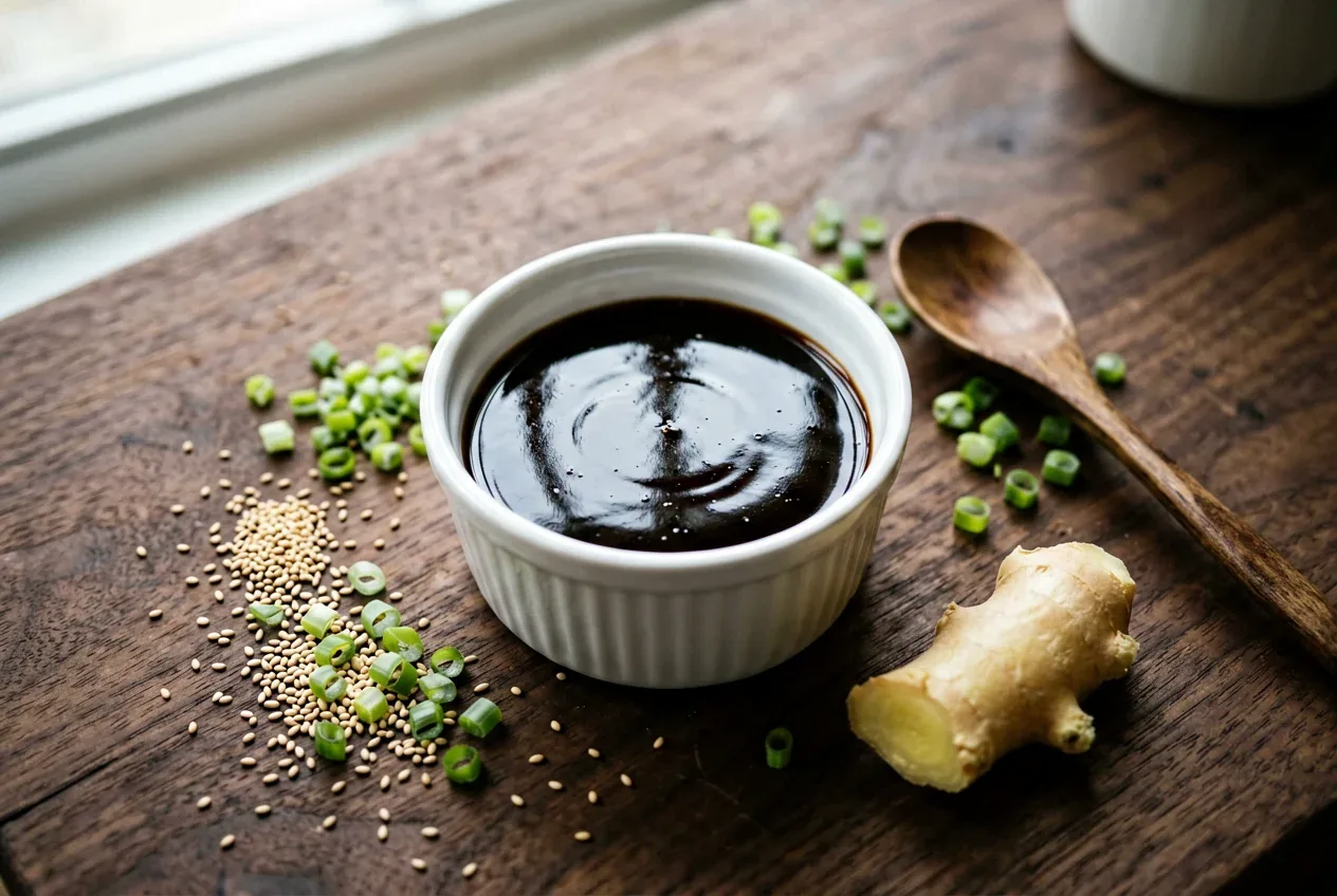 Дашибульон для подачи и соусов на тёмной деревянной доске, вид сверху