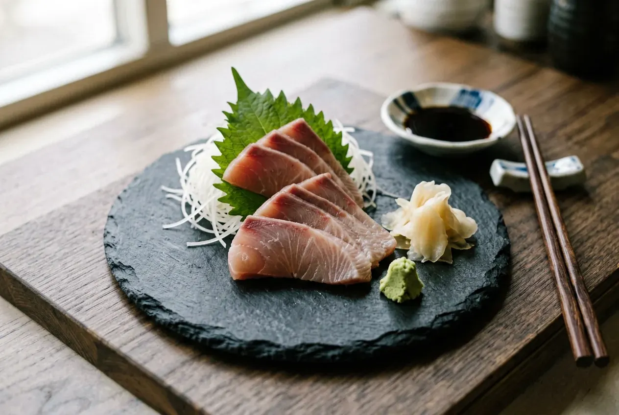 Сашими из лосося на тёмной деревянной доске, вид сверху