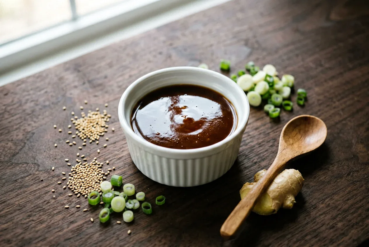 Соус кабаяки для угря на тёмной деревянной доске, вид сверху