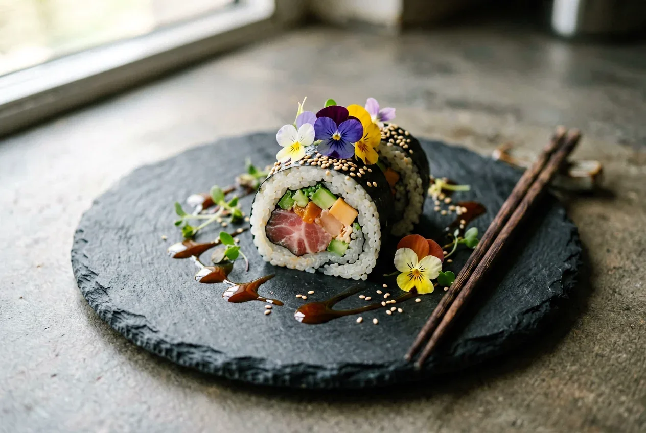 Манго-ролл с лососем и кокосом на тёмной деревянной доске, вид сверху