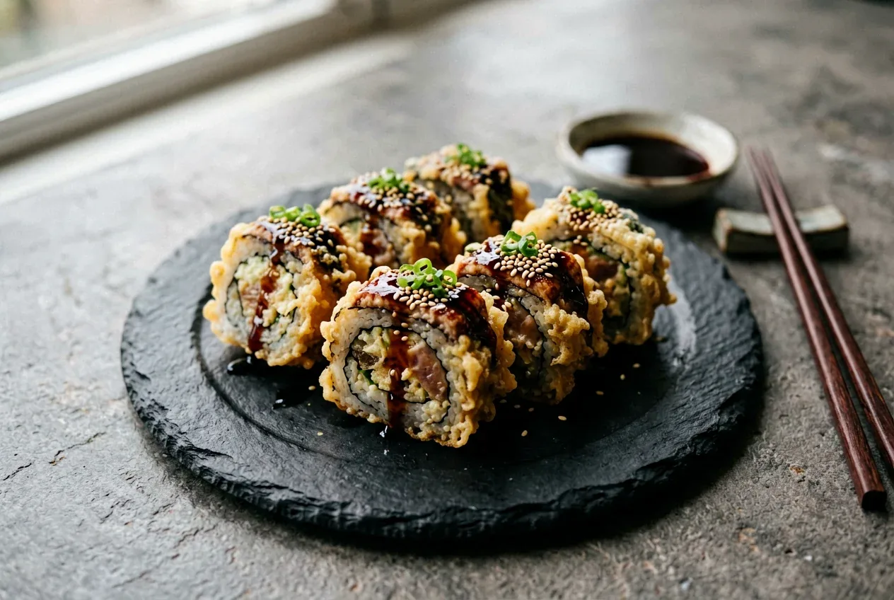 Темпура с гребешком и спайси на тёмной деревянной доске, вид сверху