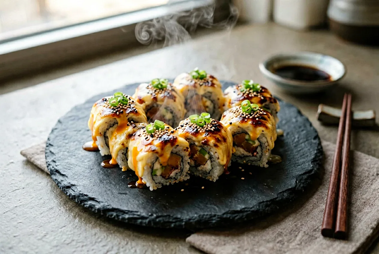 Запечённый с креветкой и манго на тёмной деревянной доске, вид сверху