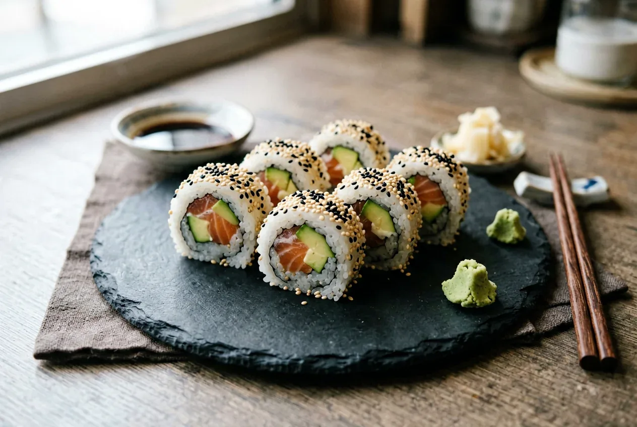 Аляска с креветкой темпура на тёмной деревянной доске, вид сверху