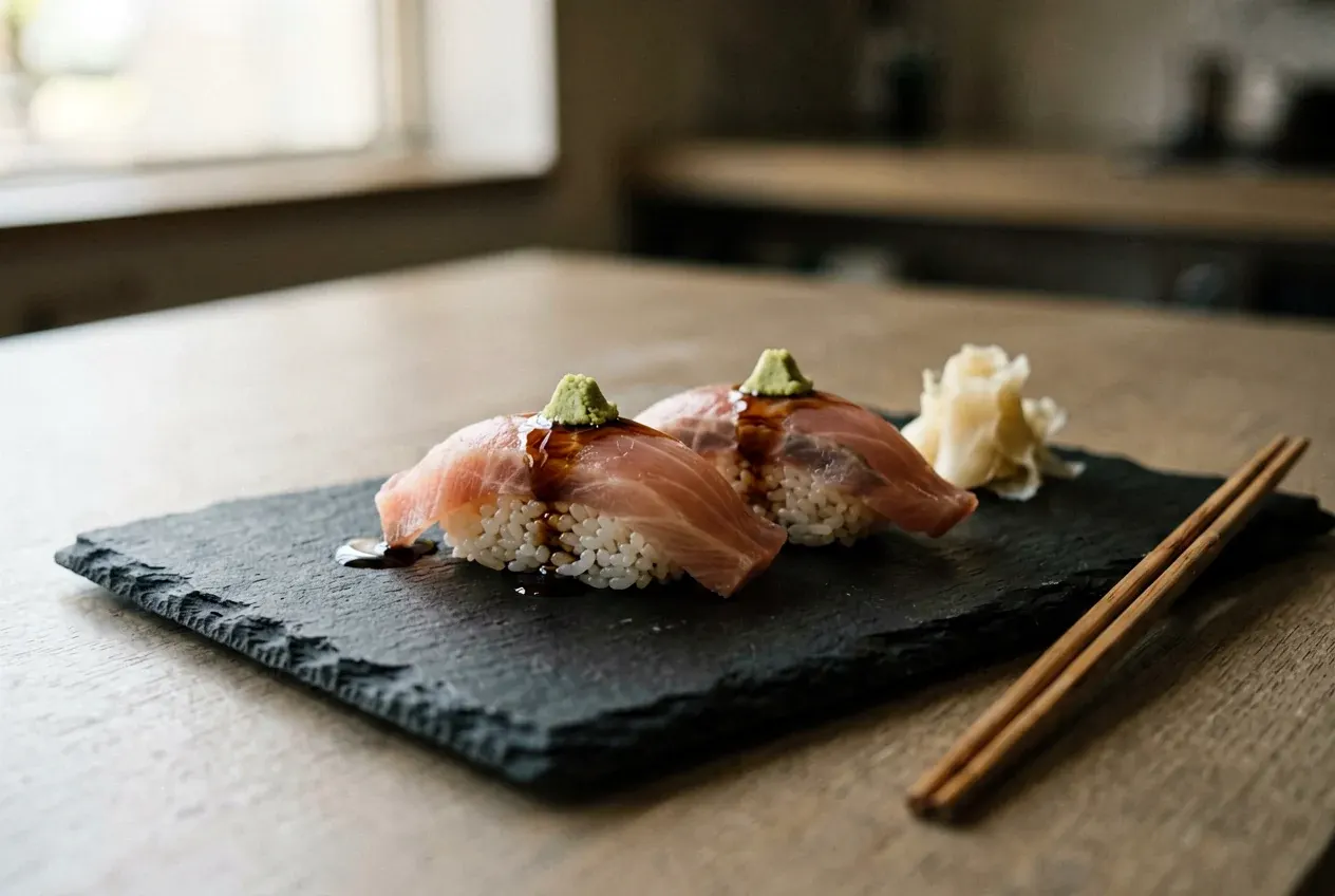 Нигири с икрой летучей рыбы и перепелиным яйцом на тёмной деревянной доске, вид сверху