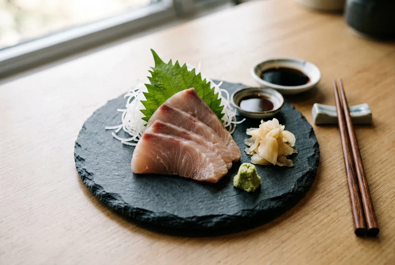 Сашими из скумбрии саба на тёмной деревянной доске, вид сверху