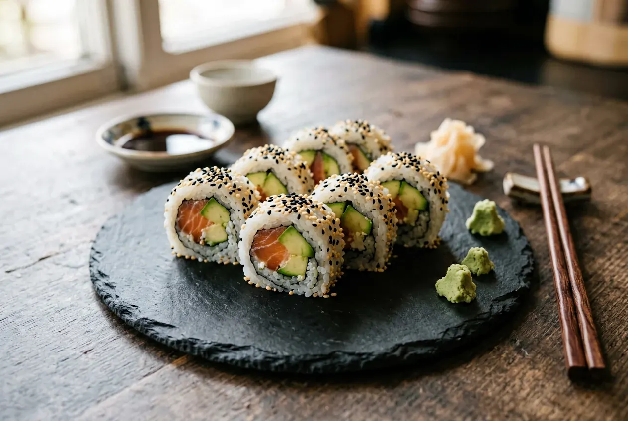 Тэмаки с лососем и салатом на тёмной деревянной доске, вид сверху