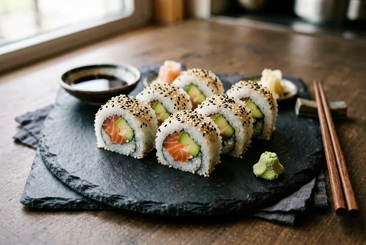 Сасими-маки с лососем без огурца на тёмной деревянной доске, вид сверху