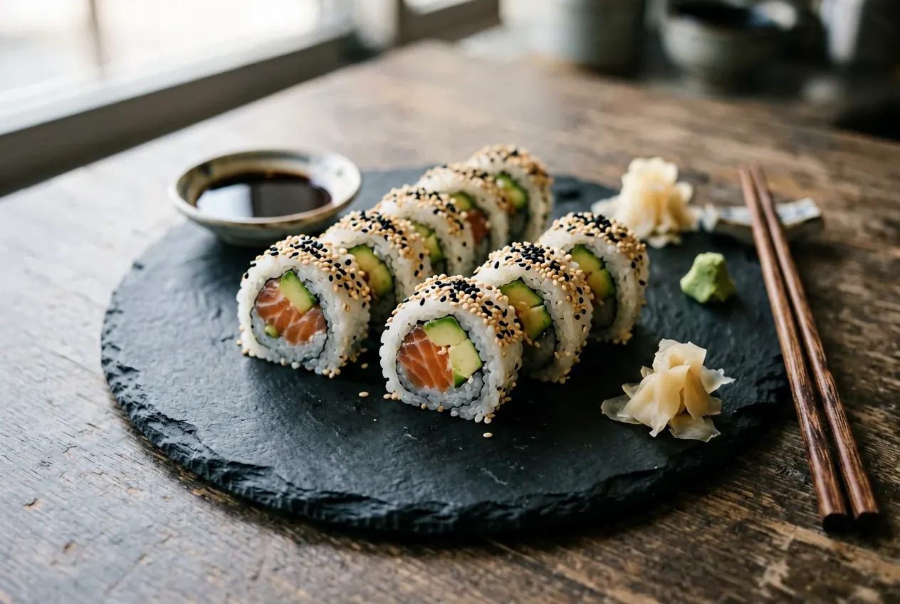 Бостон с угрём и сыром на тёмной деревянной доске, вид сверху