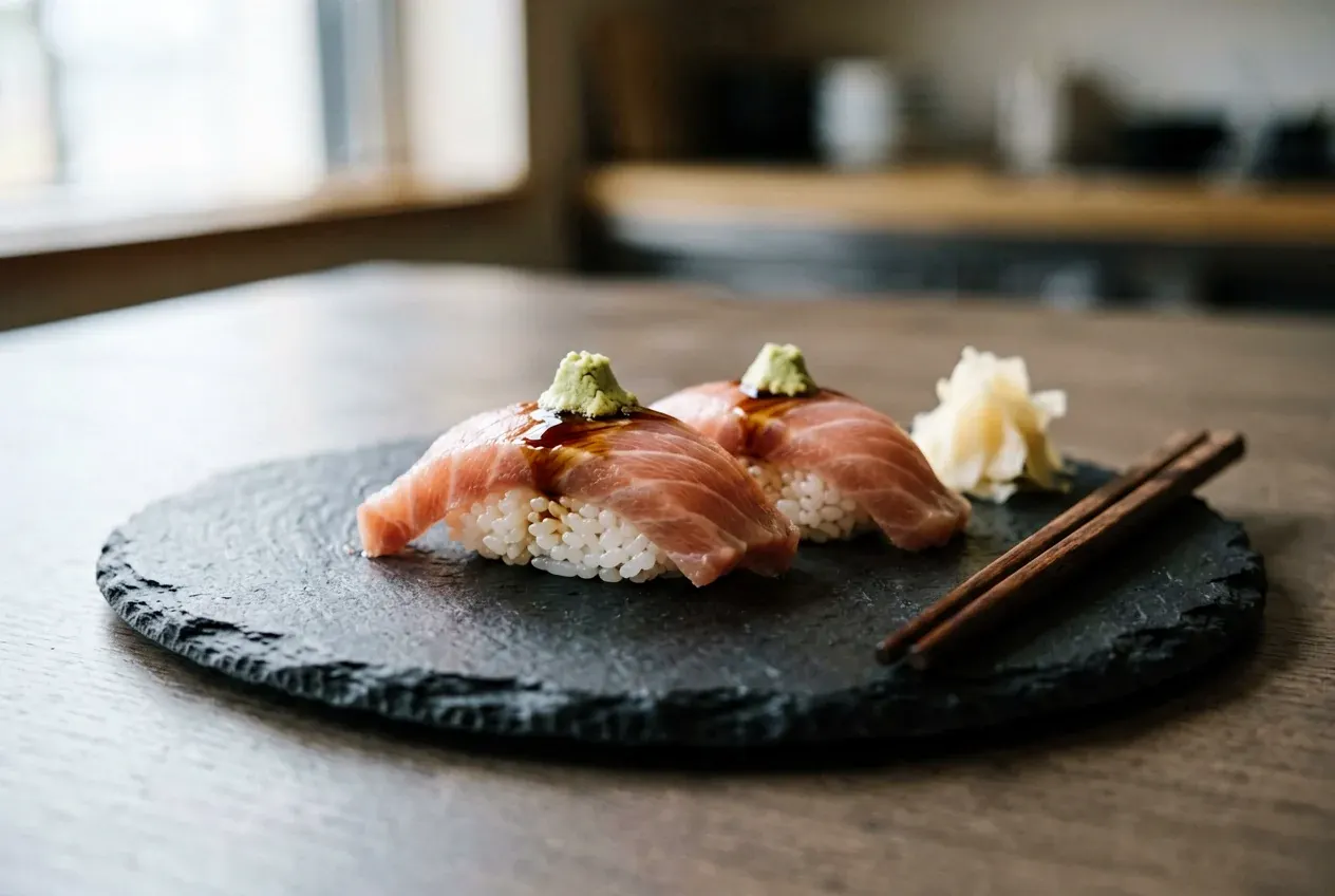 Нигири с тигровой креветкой на тёмной деревянной доске, вид сверху