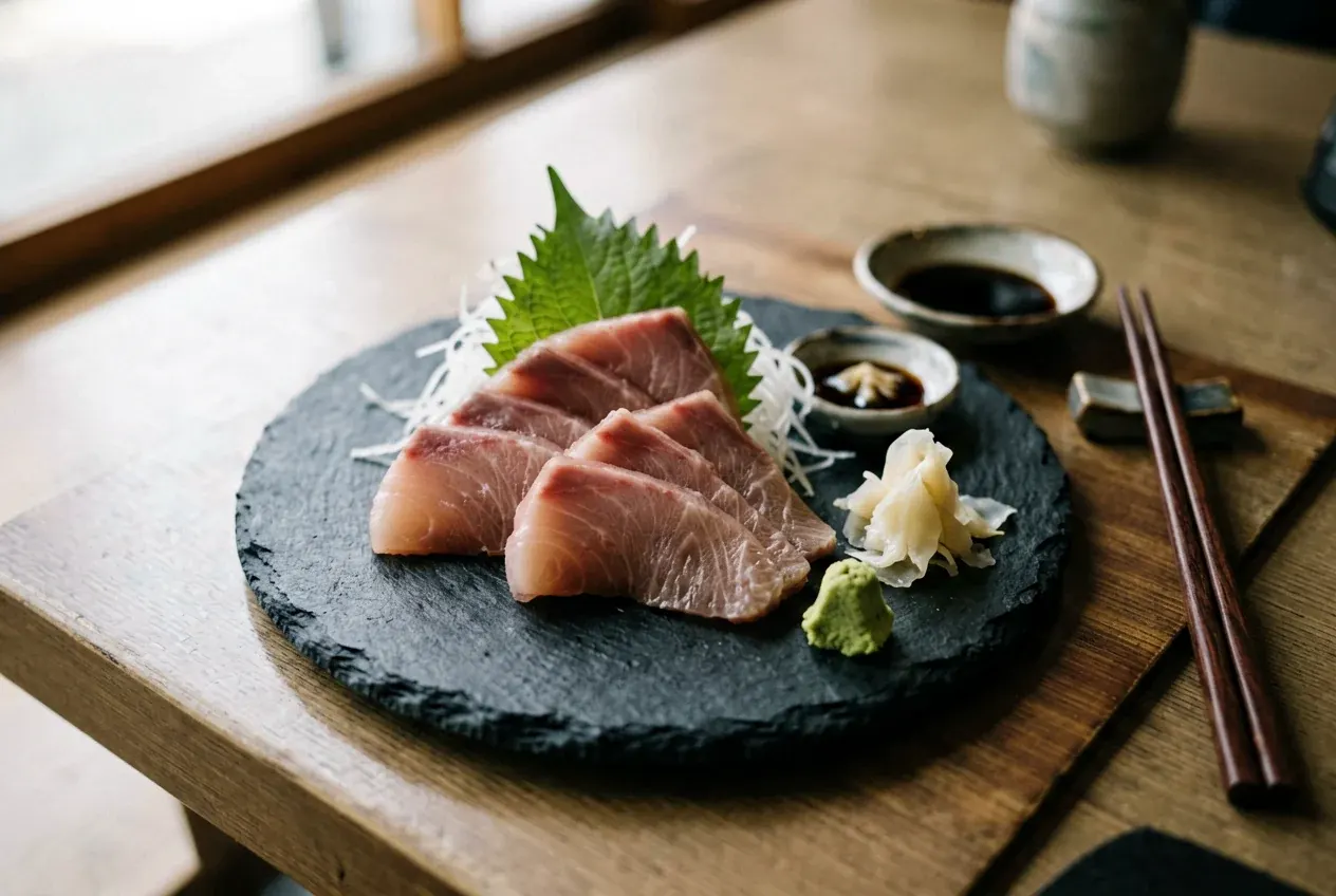Сашими из тунца на тёмной деревянной доске, вид сверху