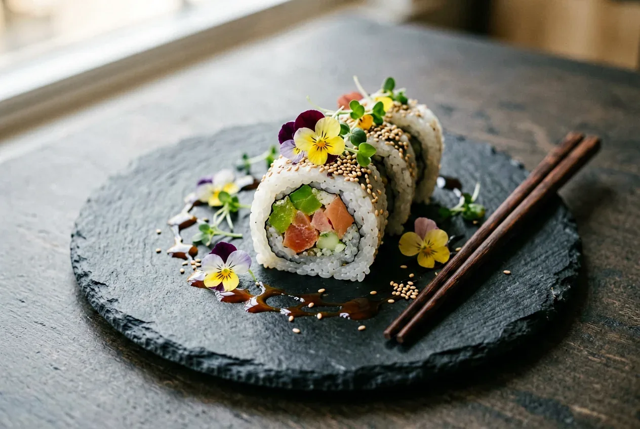 Ролл с инжиром и хамоном на тёмной деревянной доске, вид сверху