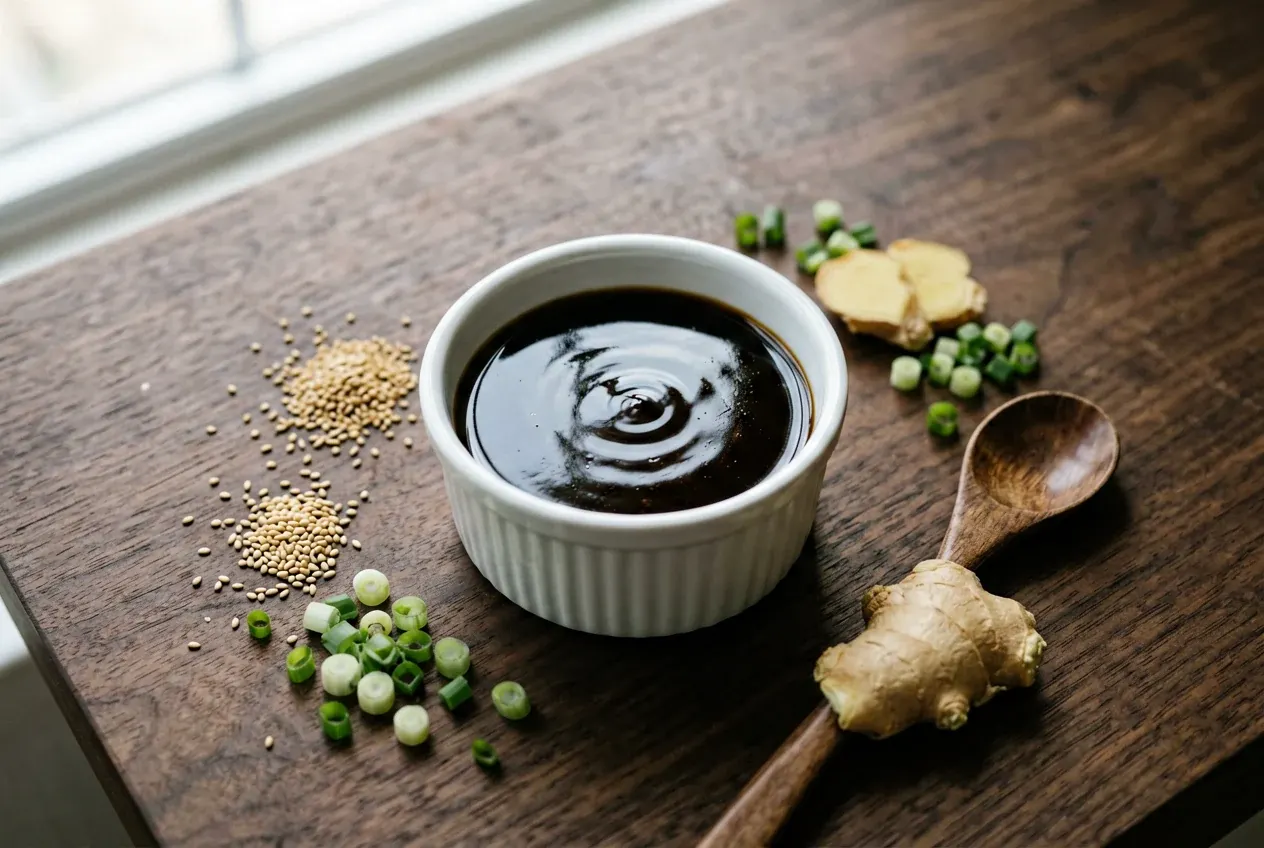 Тофу-майо: веганский спайси-соус на тёмной деревянной доске, вид сверху