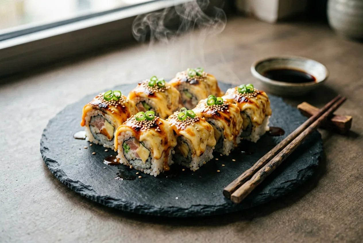 Запечённый с лососем и икрой на тёмной деревянной доске, вид сверху