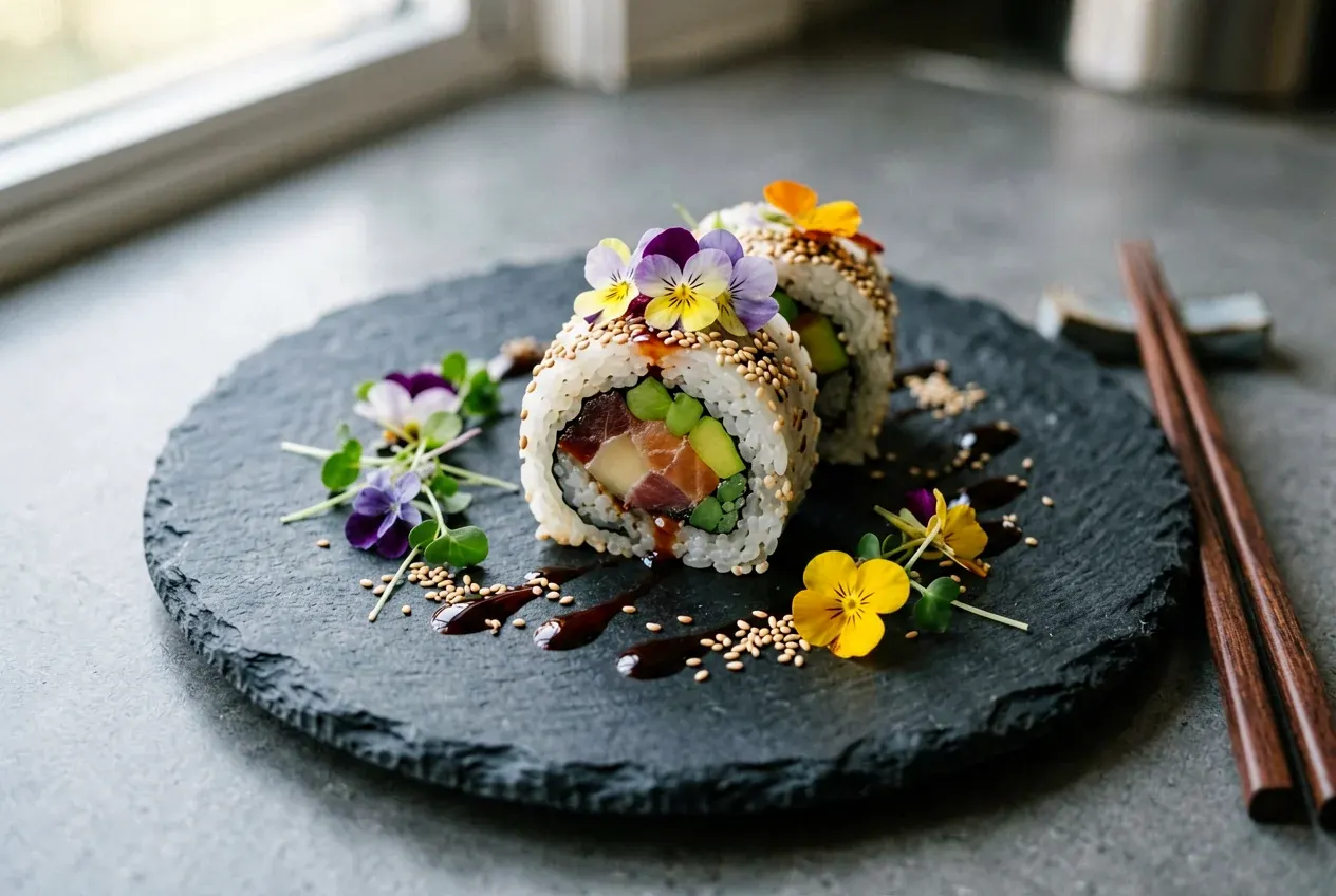 Веганский ролл с тыквой и кунжутом на тёмной деревянной доске, вид сверху