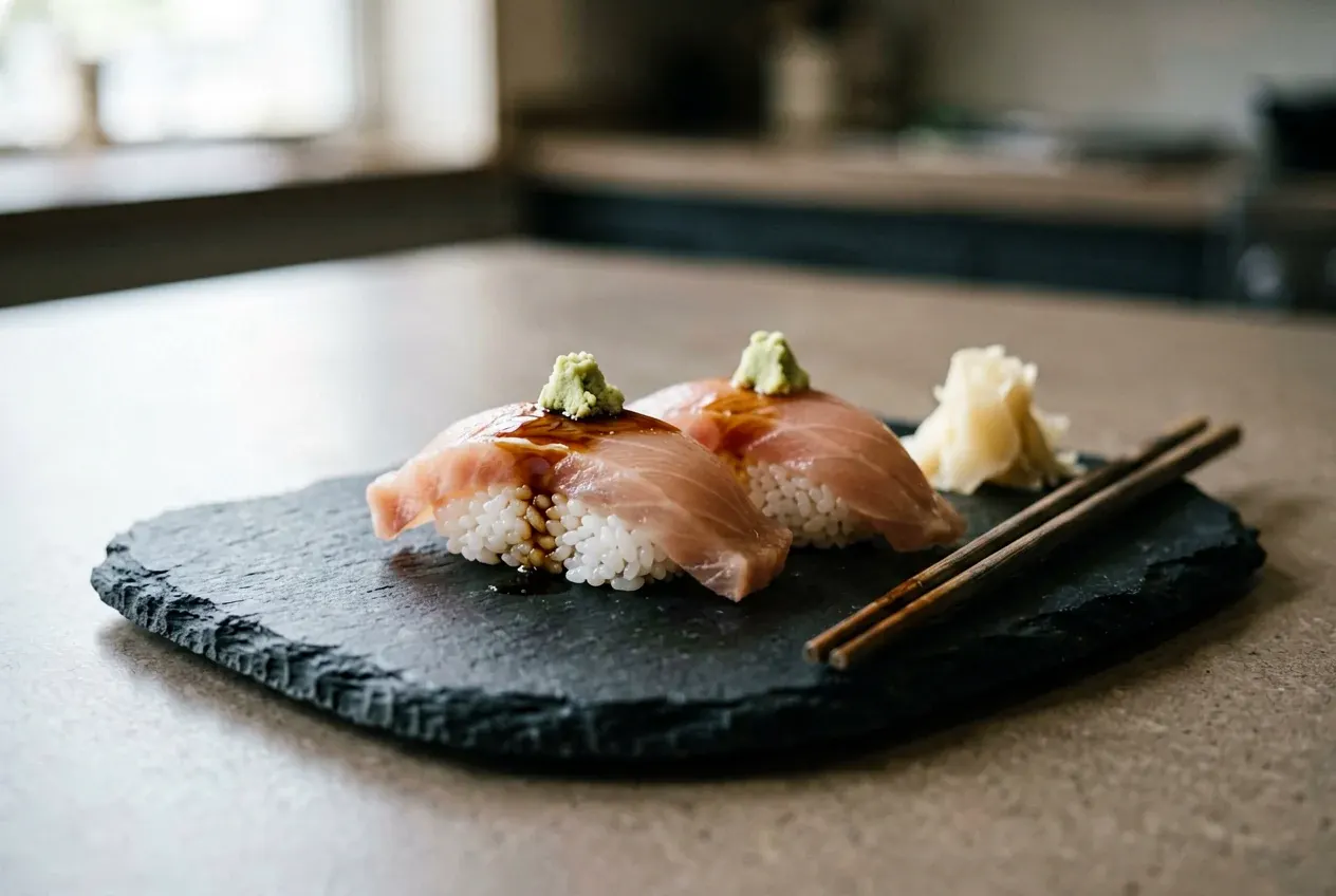 Тираси-суши с лососем и икрой на тёмной деревянной доске, вид сверху