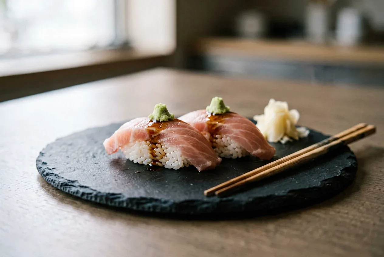 Нигири со спайси-лососем гункан на тёмной деревянной доске, вид сверху