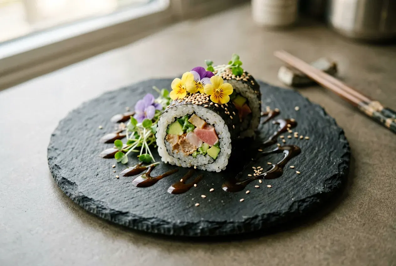 Ролл с лососем и юдзу-соусом на тёмной деревянной доске, вид сверху