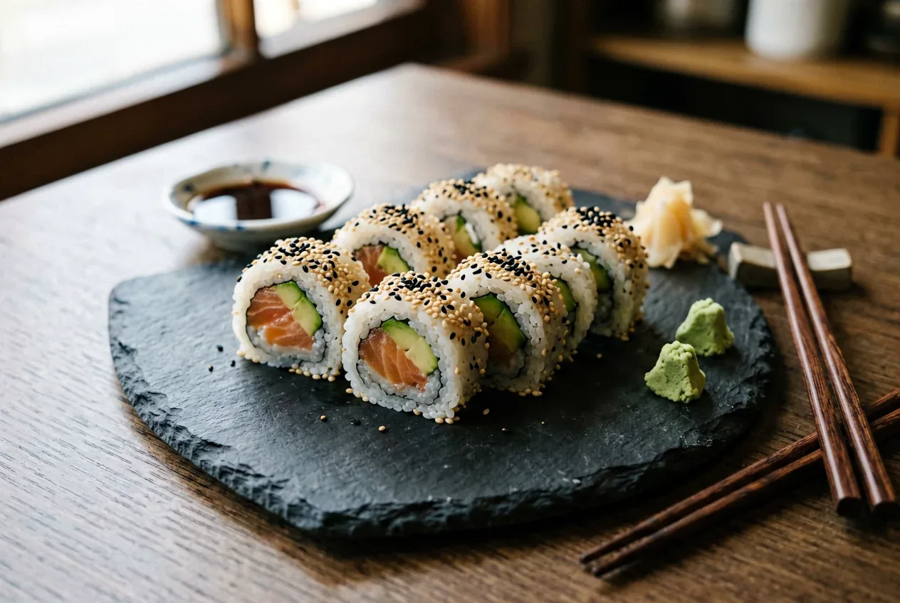 Калифорния с тигровой креветкой на тёмной деревянной доске, вид сверху