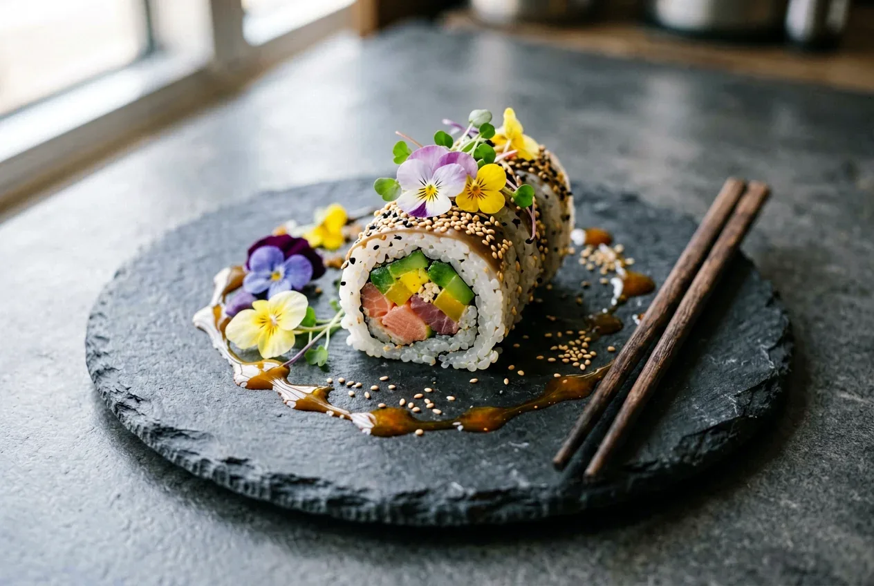 Ролл с лососем-гравлакс и укропом на тёмной деревянной доске, вид сверху