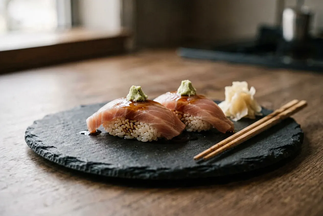 Нигири с икрой лосося гункан на тёмной деревянной доске, вид сверху