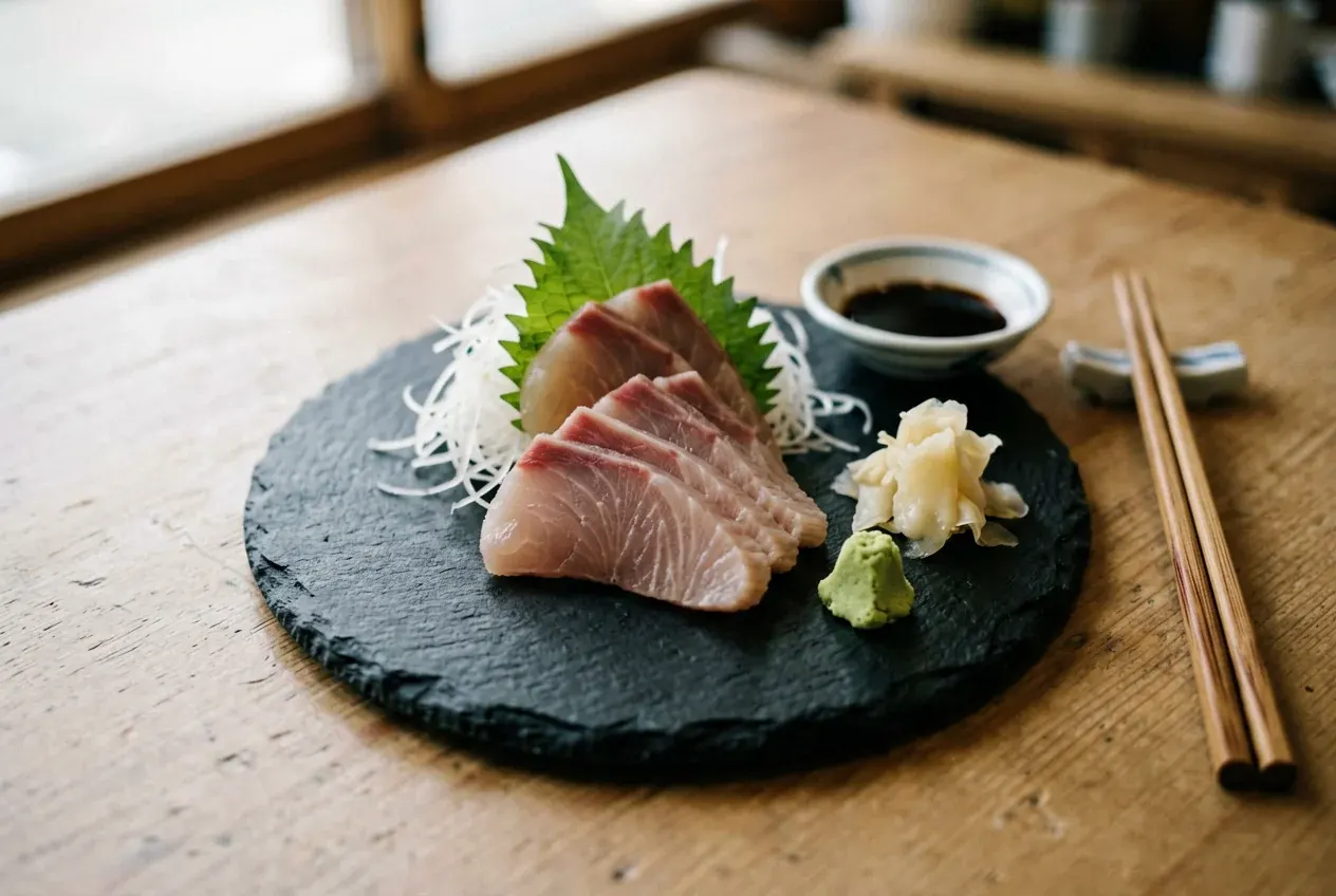 Сашими тюторо из жирного тунца на тёмной деревянной доске, вид сверху