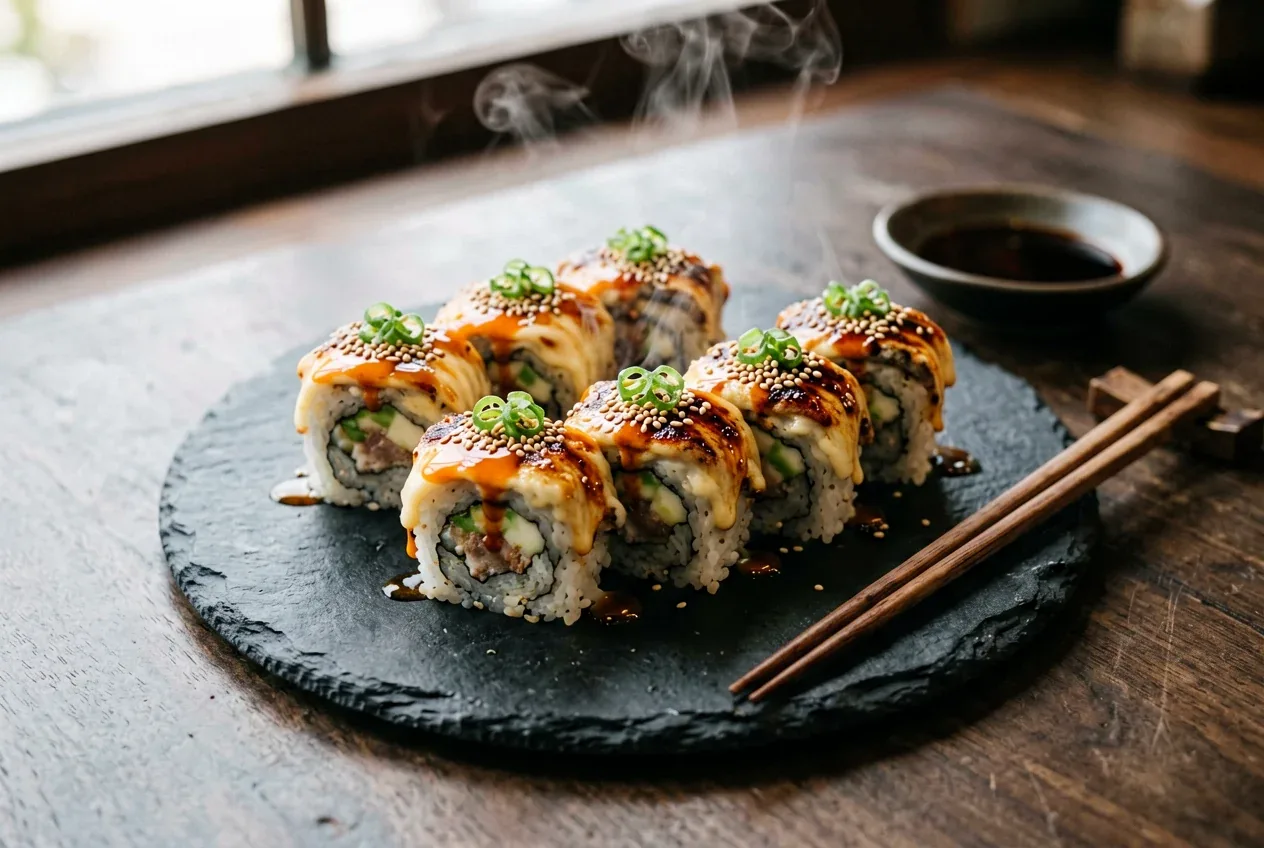 Запечённый с лососем и зелёным луком на тёмной деревянной доске, вид сверху