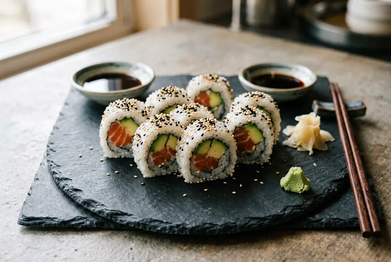 Зелёный дракон с авокадо и огурцом на тёмной деревянной доске, вид сверху