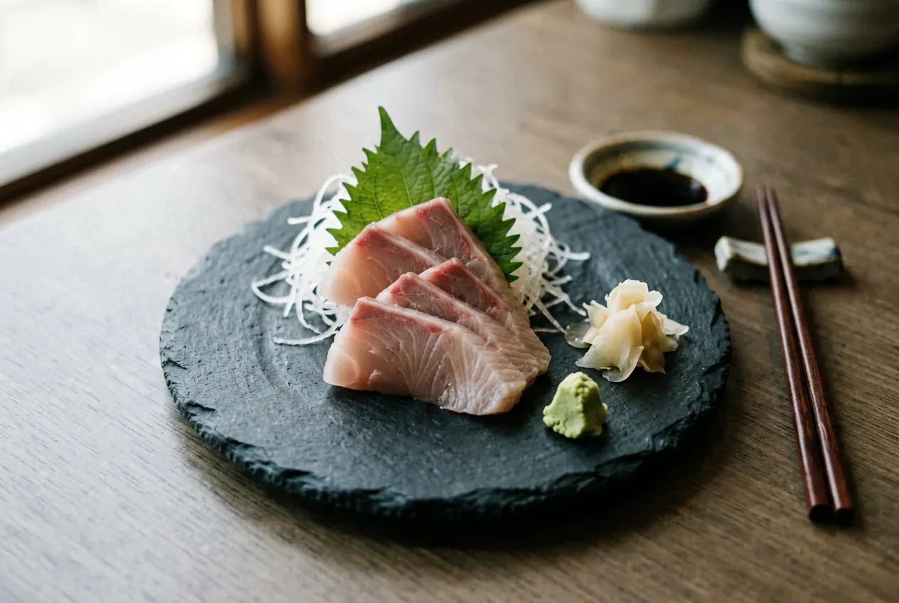 Сашими из гребешка на тёмной деревянной доске, вид сверху