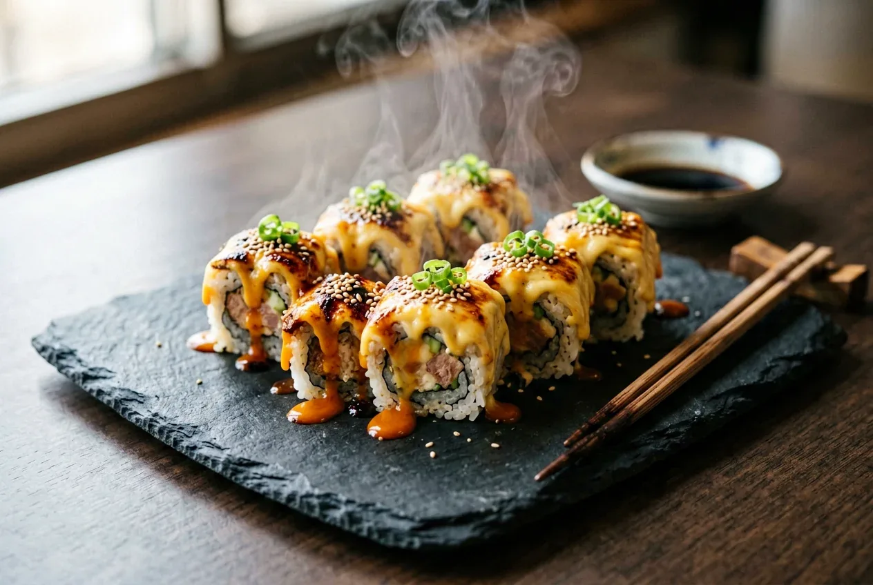 Запечённый с гребешком и икрой на тёмной деревянной доске, вид сверху