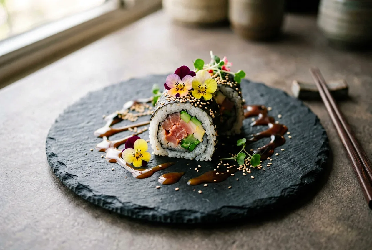 Острый ролл с курицей и халапеньо на тёмной деревянной доске, вид сверху