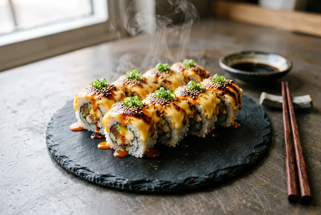 Запечённый Дракон с угрём и спайси на тёмной деревянной доске, вид сверху