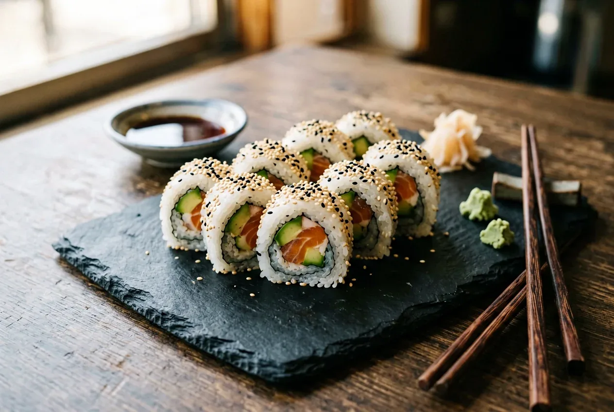 Хокки с гребешком и икрой на тёмной деревянной доске, вид сверху