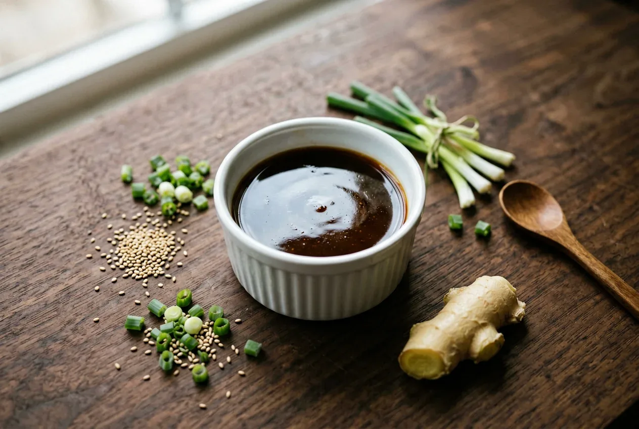 Ореховый соус с арахисом и кунжутом на тёмной деревянной доске, вид сверху